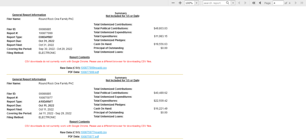 A Jaspersoft report from the Texas Secretary of State site, showing the first two campaign finance reports for the Round Rock One Family PAC being filed on October 11 and 31, 2022.